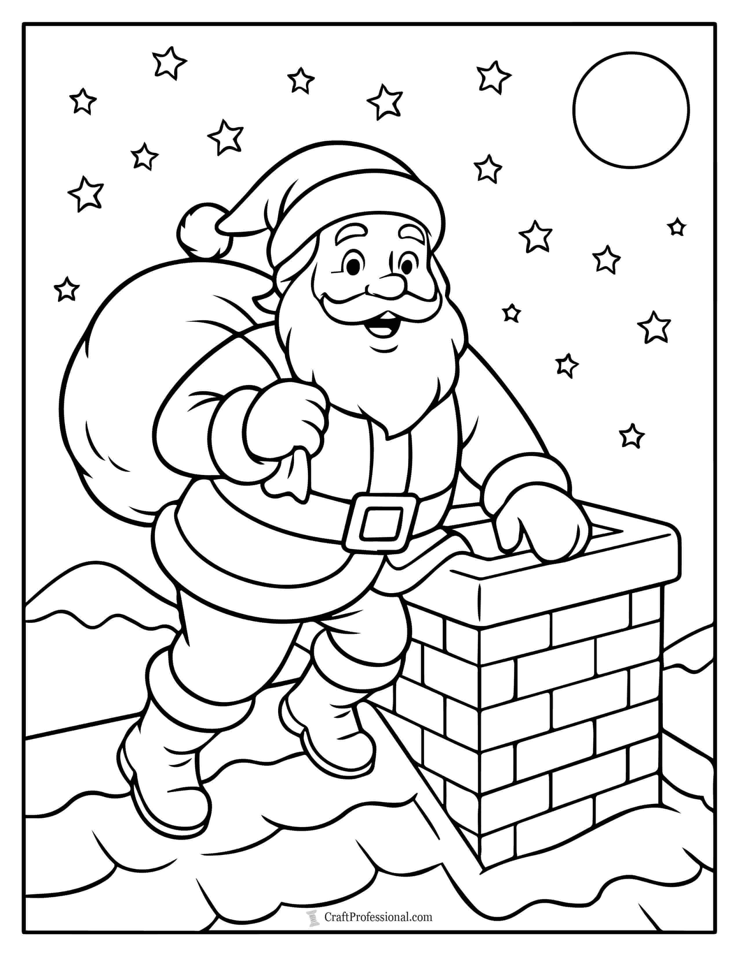 Santa climbing down a chimney coloring sheet