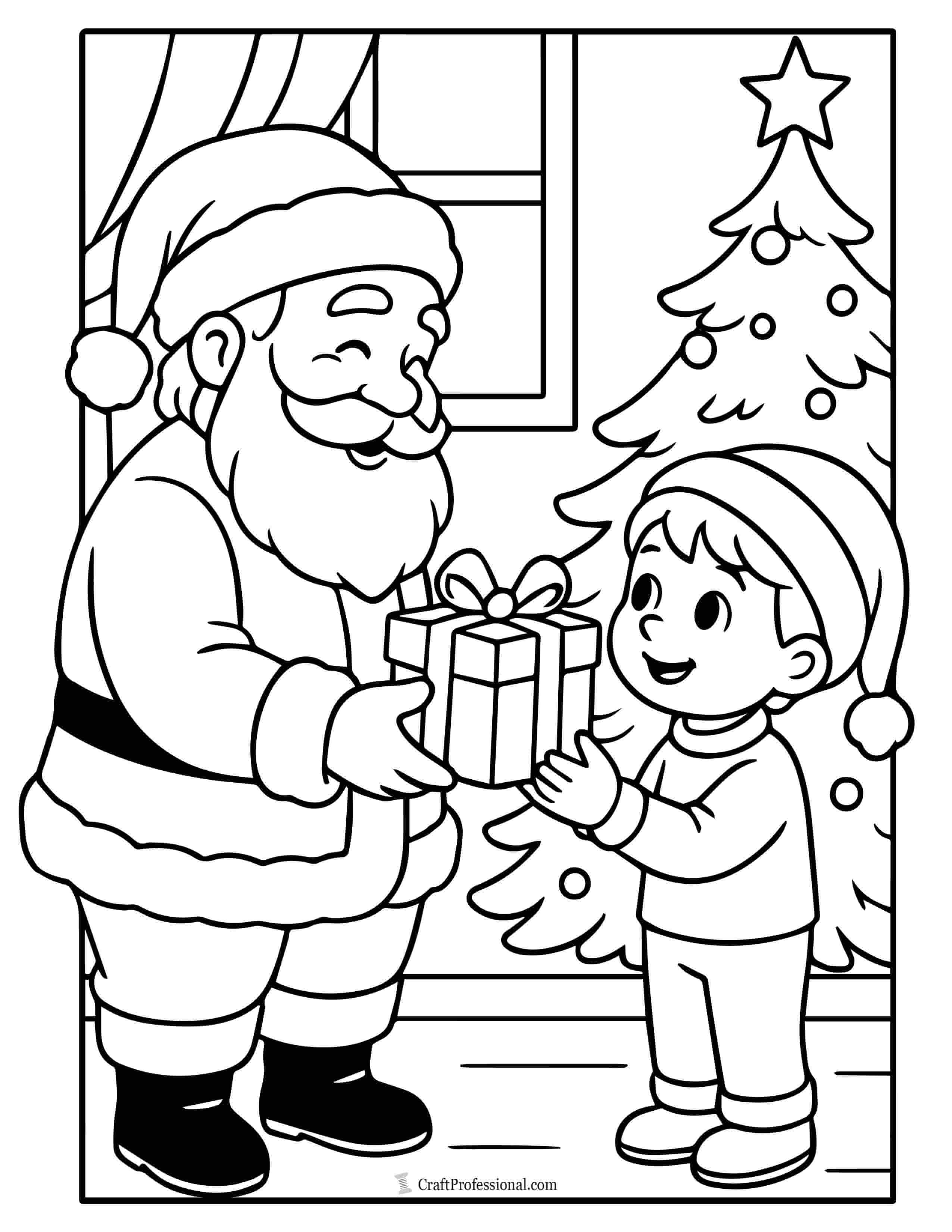 Santa giving a gift to a child coloring page