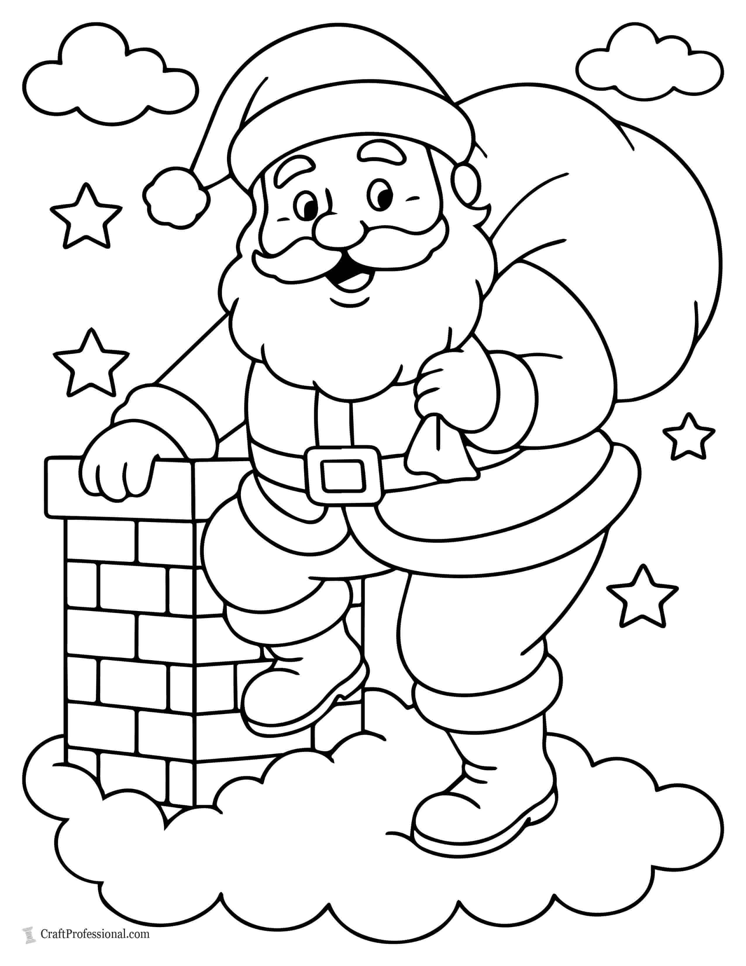 Santa landing on a rooftop coloring sheet