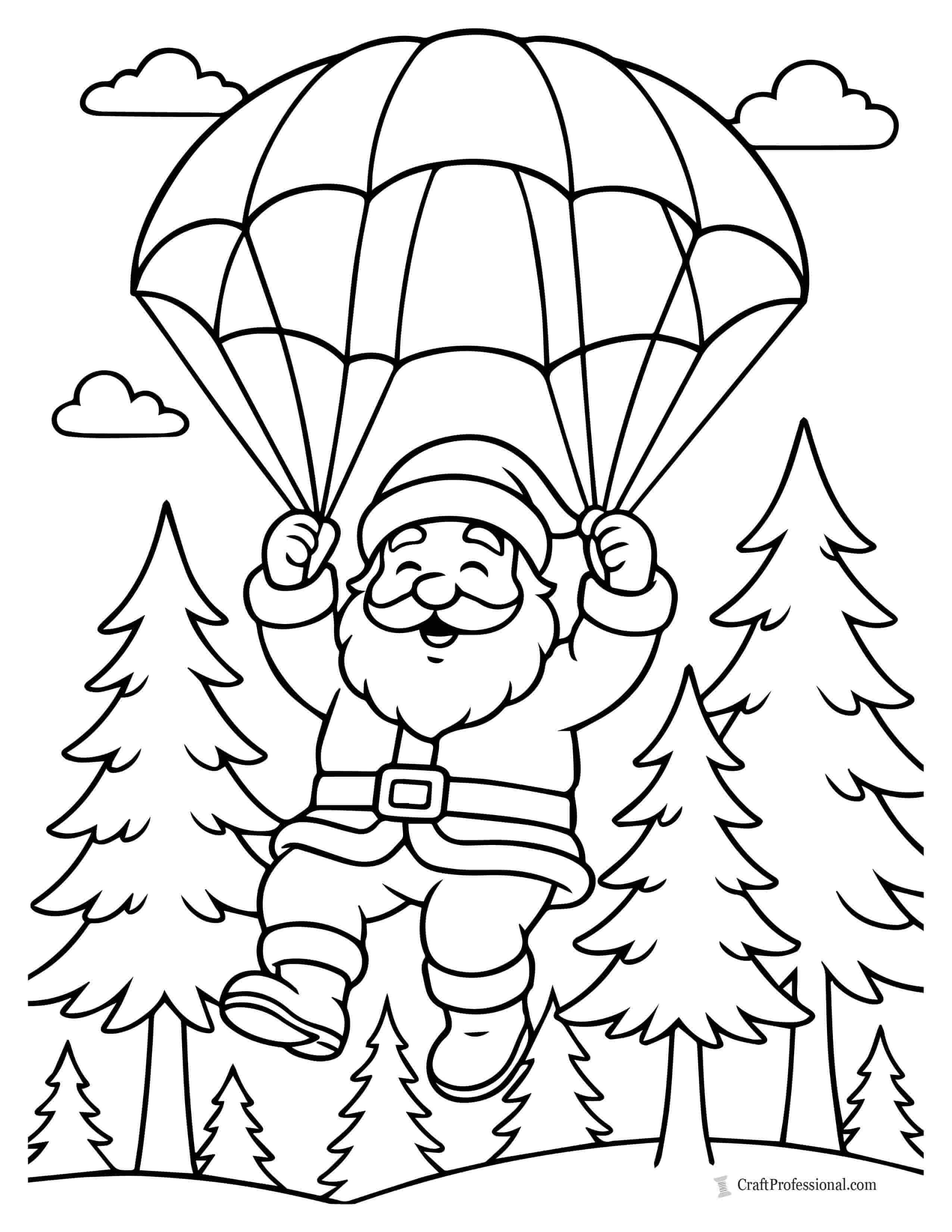 Santa parachuting into a forest coloring page