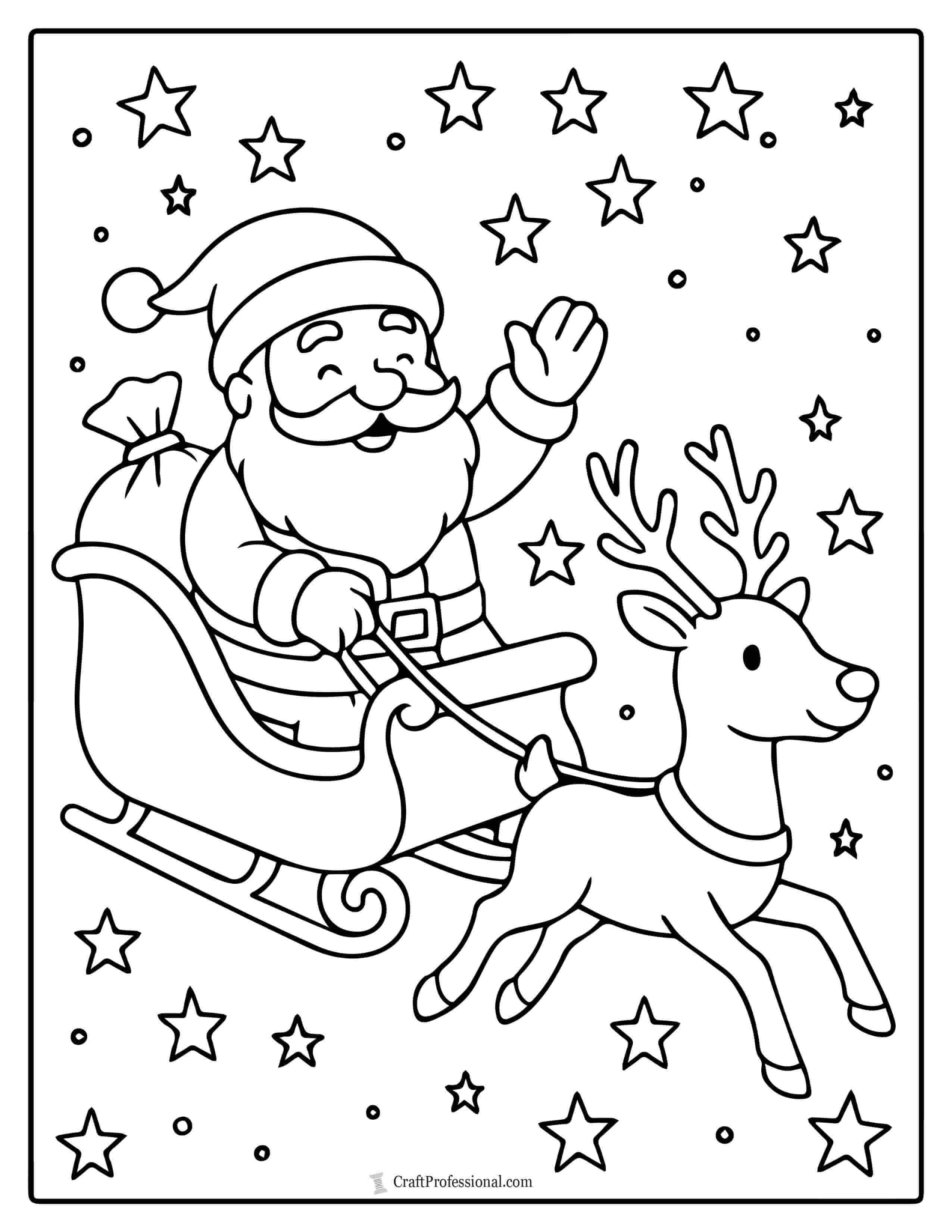 Santa riding his sleigh through a starry night sky coloring page