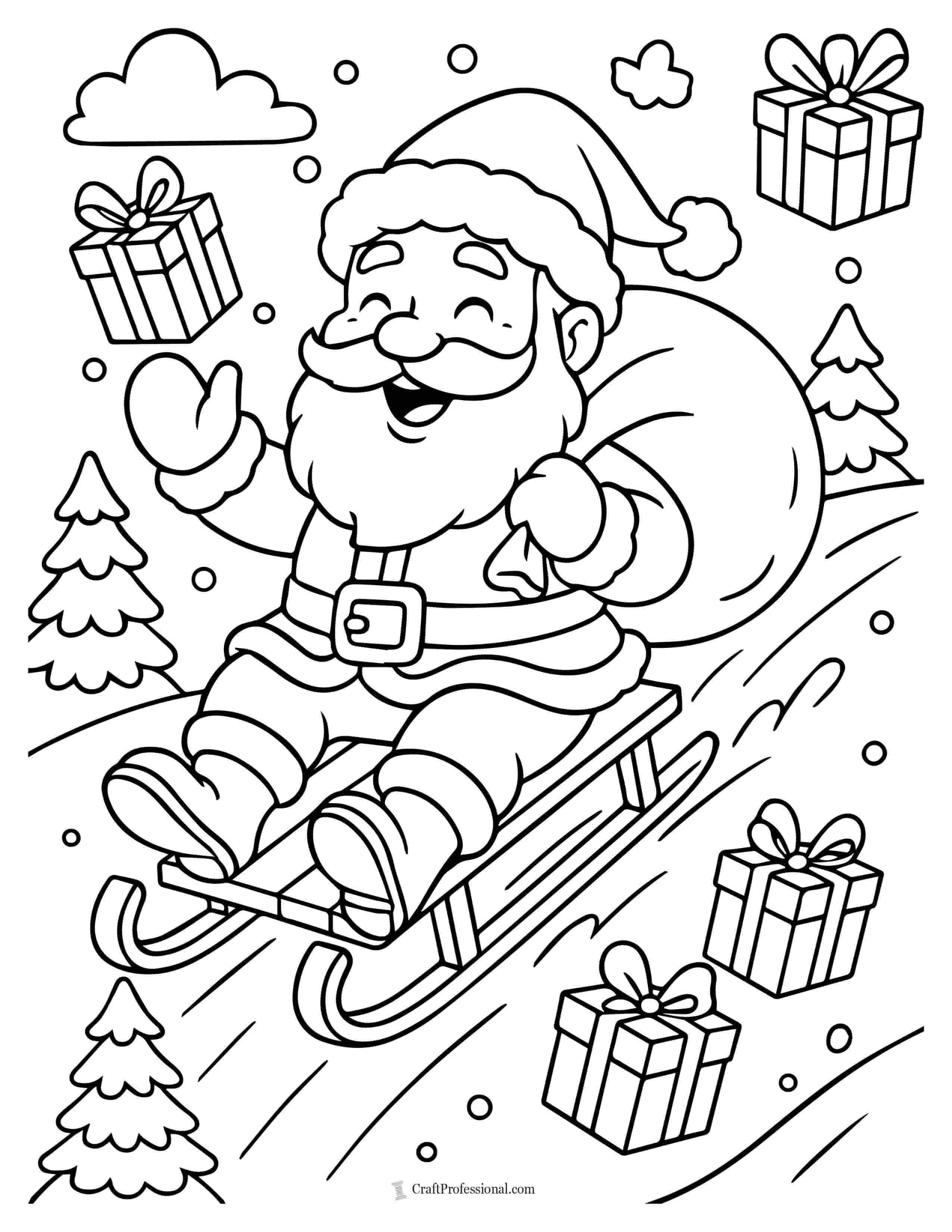 Santa sliding down a snowy hill with gifts coloring page