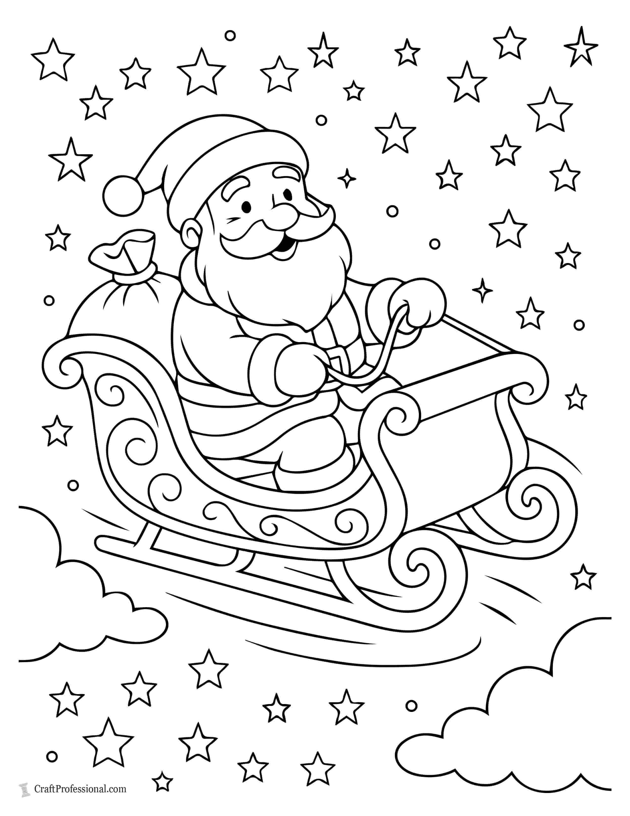 Santa Clause riding his sleigh through a starry sky coloring page