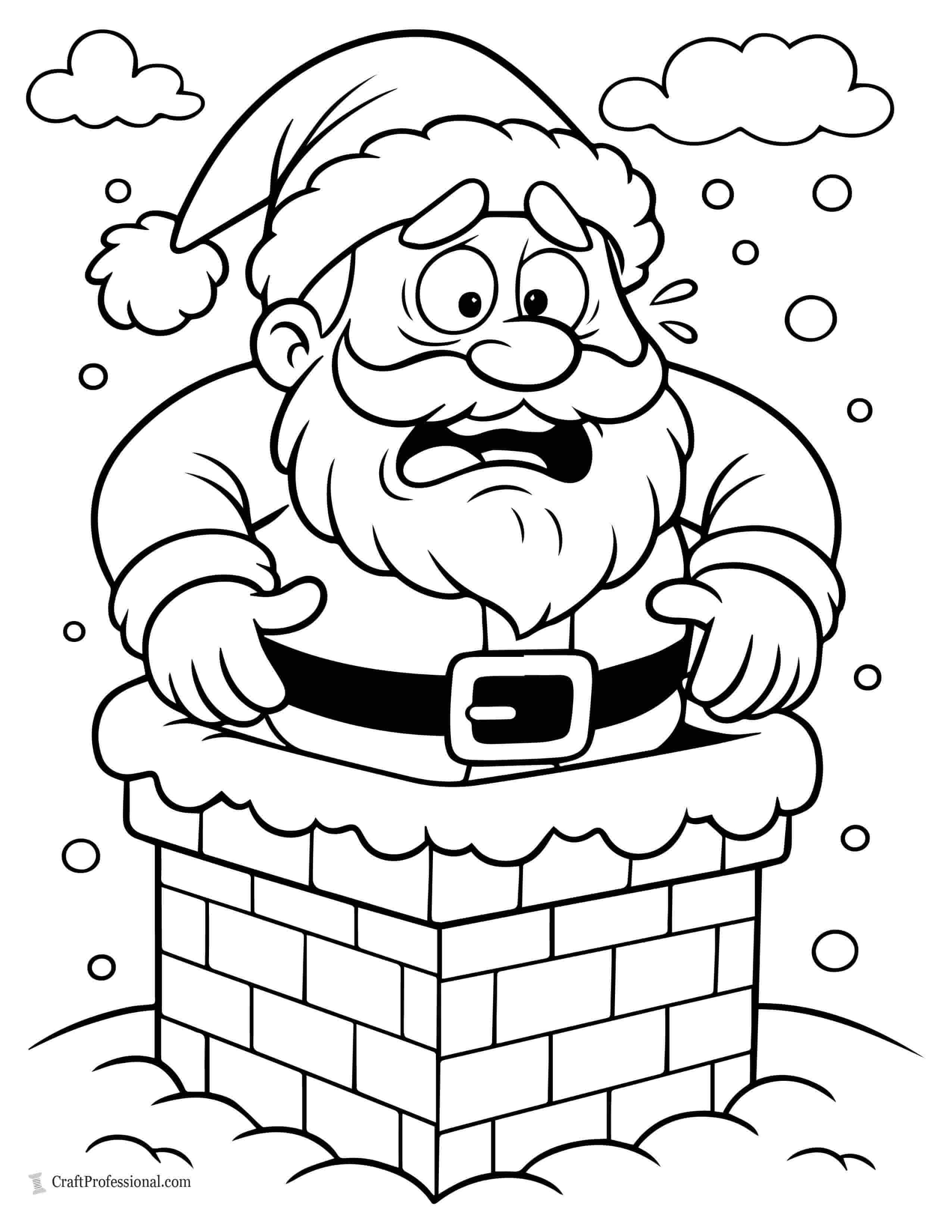 Funny Santa struggling to fit down a narrow chimney coloring page