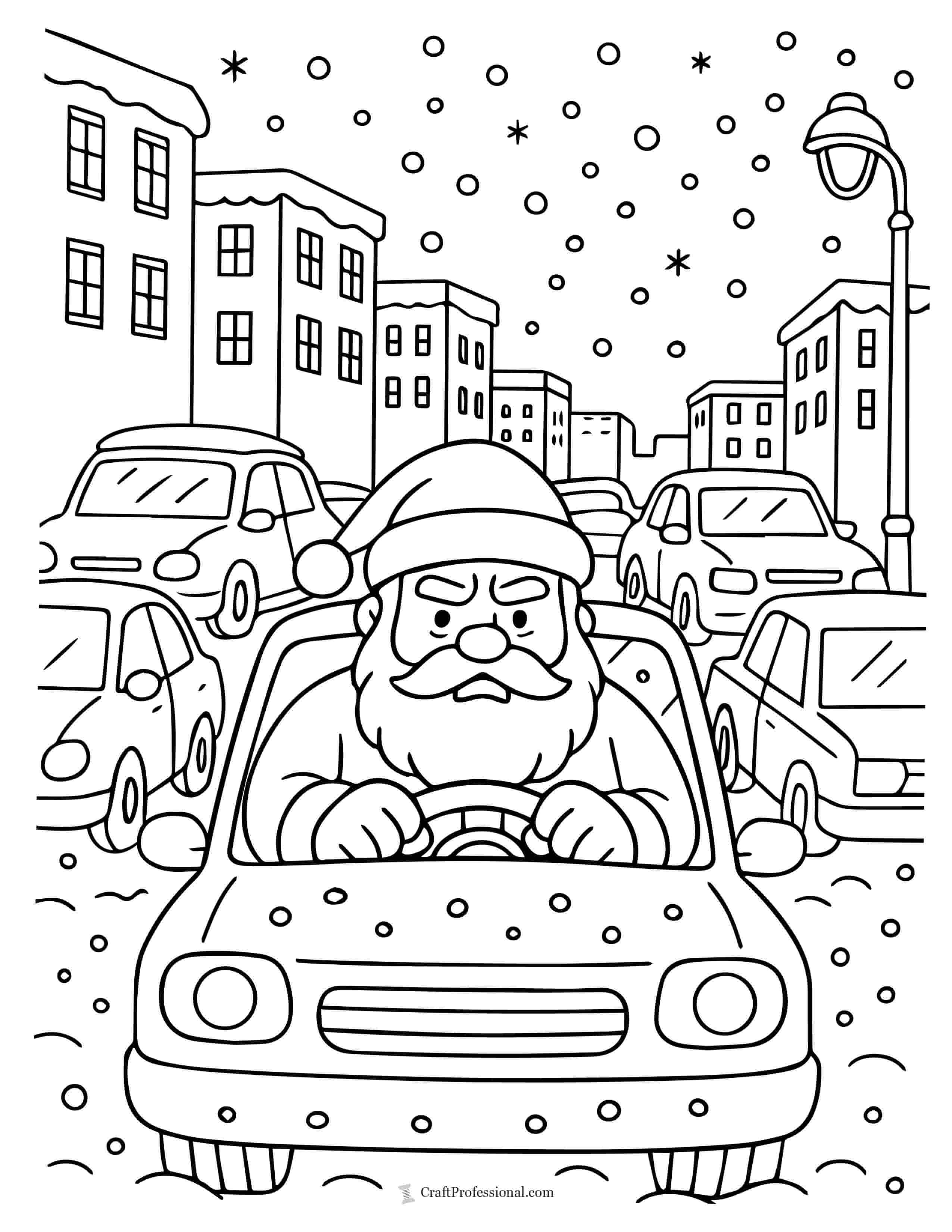 Santa stuck in traffic on a snowy street coloring page