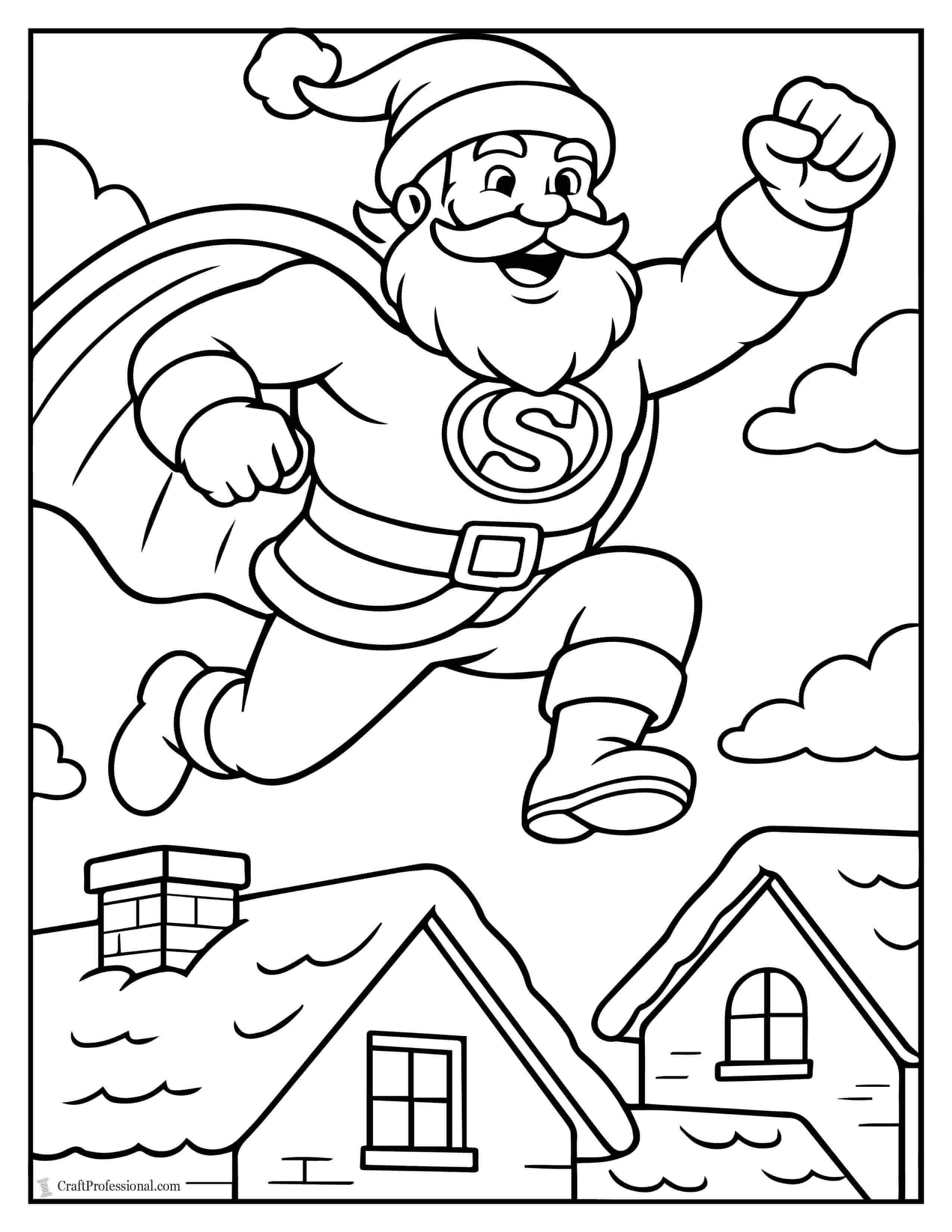 Superhero Santa jumping over rooftops coloring sheet