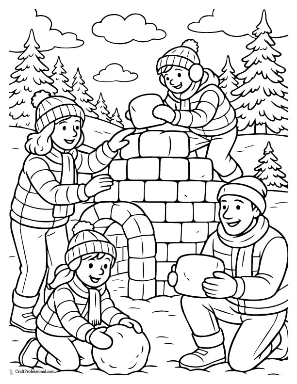 Family building a snow fort coloring page