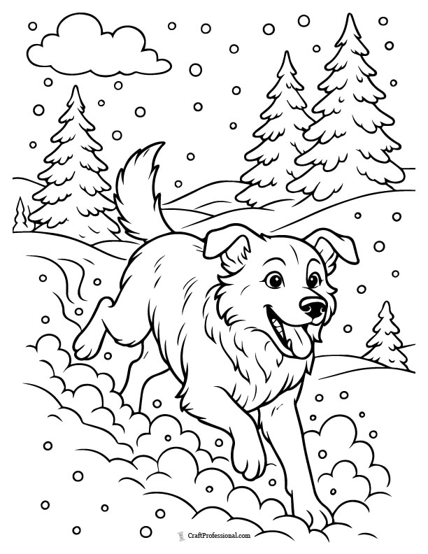 Dog running through deep snow coloring page