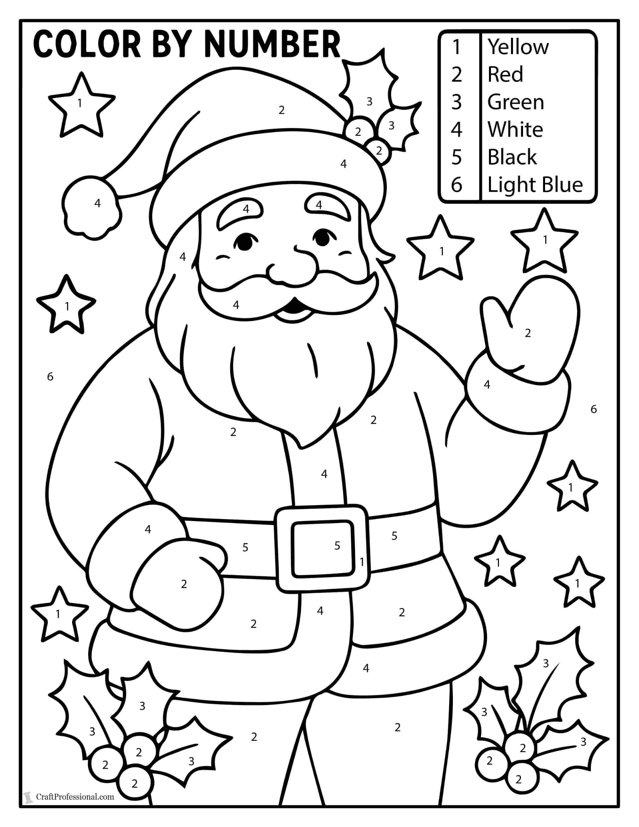 Colr by numbers Santa coloring page