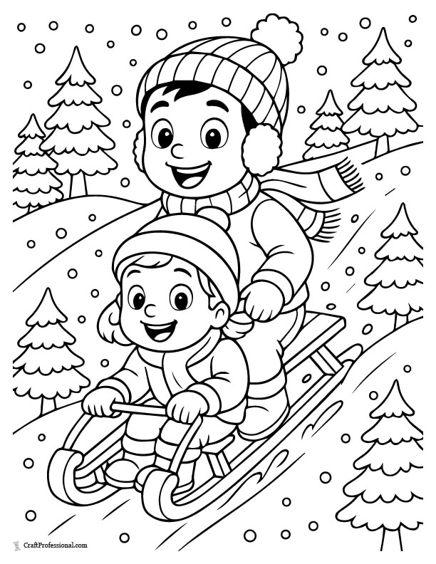 Kids sledding down a hill coloring page