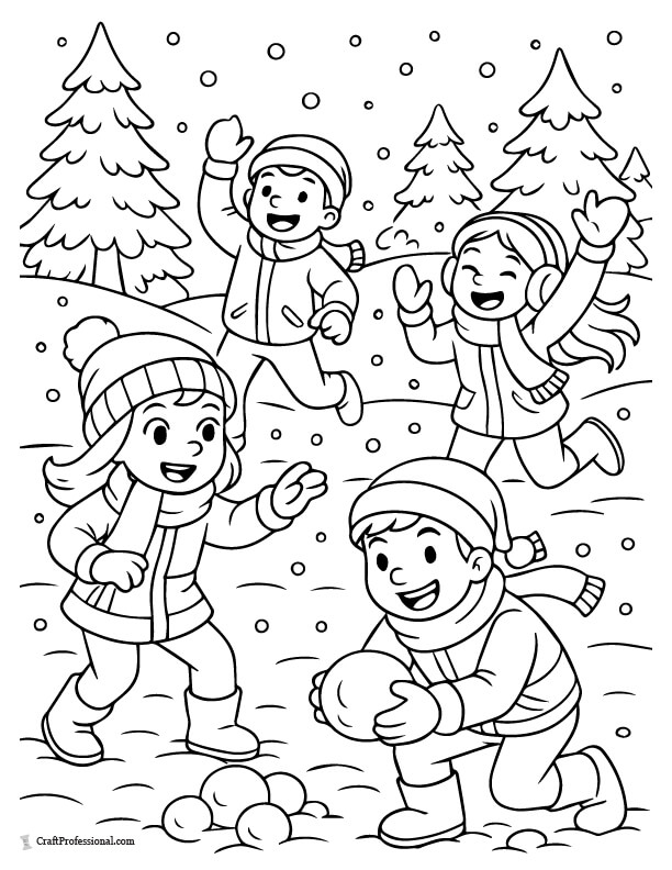 Group snowball fight scene coloring page