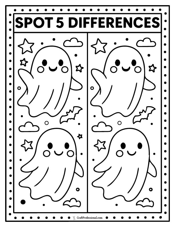 Spot the 5 differences between two ghosts activity sheet and coloring page