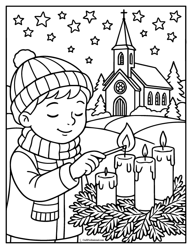 A boy child lighting the first of four advent candles, stars are overhead, a church is in the background coloring sheet.