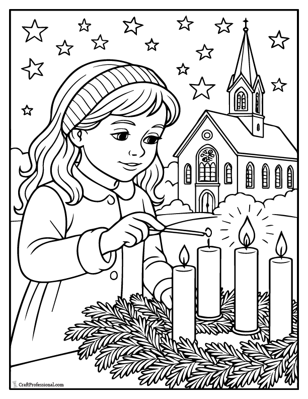 A girl child lighting the first of four advent candles, stars are overhead, a church is in the background coloring page.