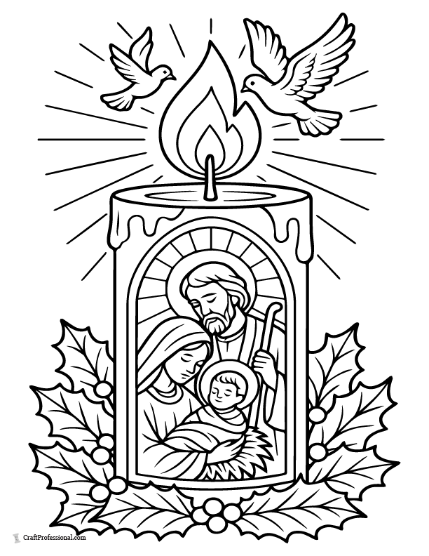 Nativity scene candle with an image of Mary, Joseph, and baby Jesus engraved into the wax, radiating halo-style flame, and a dove flying overhead coloring page