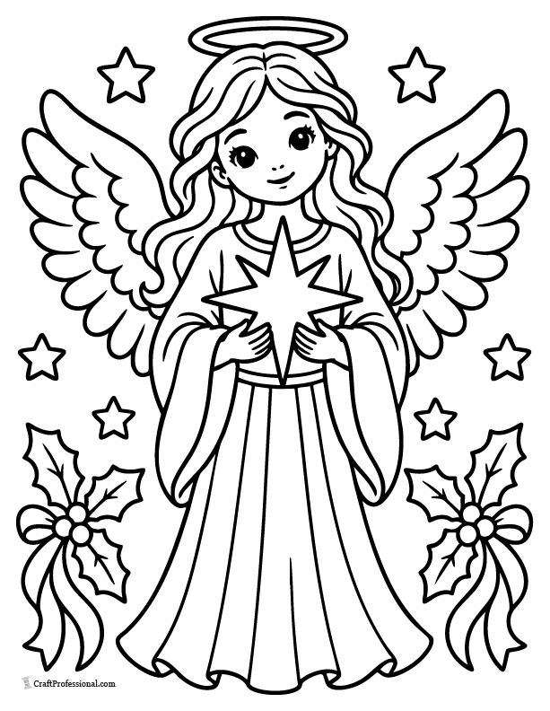 Angel holding a large Christmas star coloring page with clouds and smaller stars.