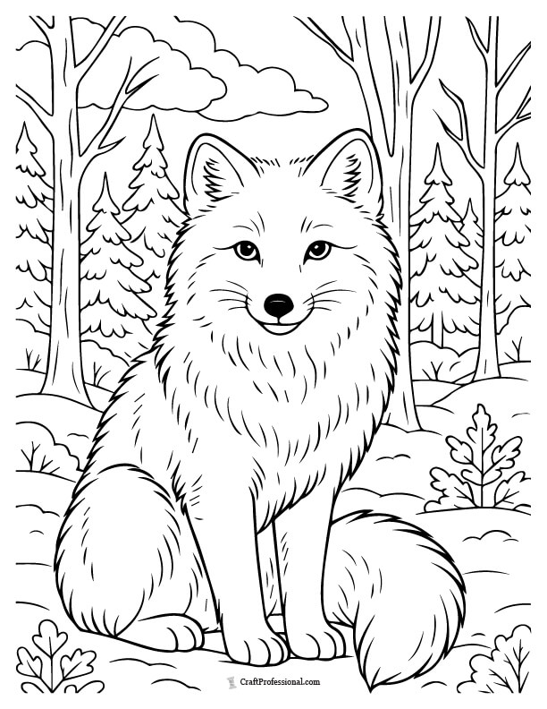 Arctic fox in a forest coloring sheet