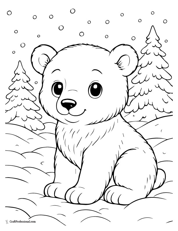 Polar bear cub in snow coloring page