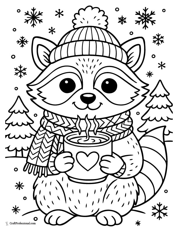 Winter raccoon holding hot cocoa coloring sheet