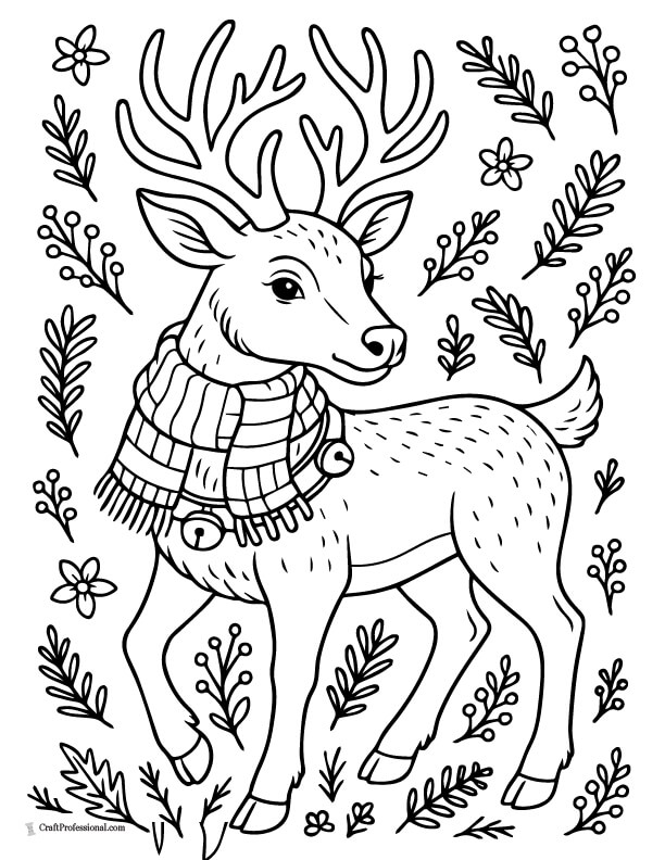 Reindeer with scarf and bells coloring sheet