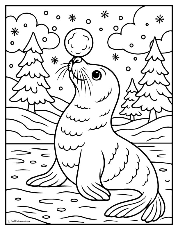 Seal balancing a snowball coloring page