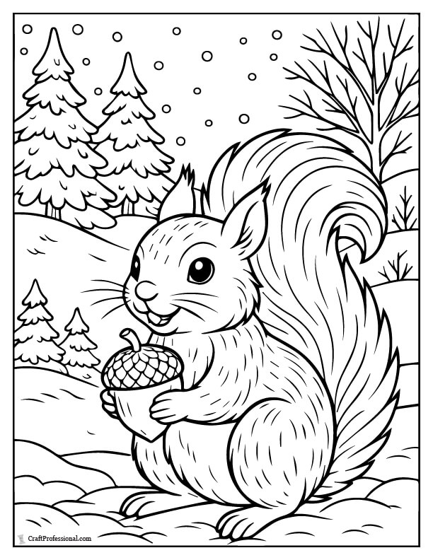 Squirrel gathering winter nuts coloring page