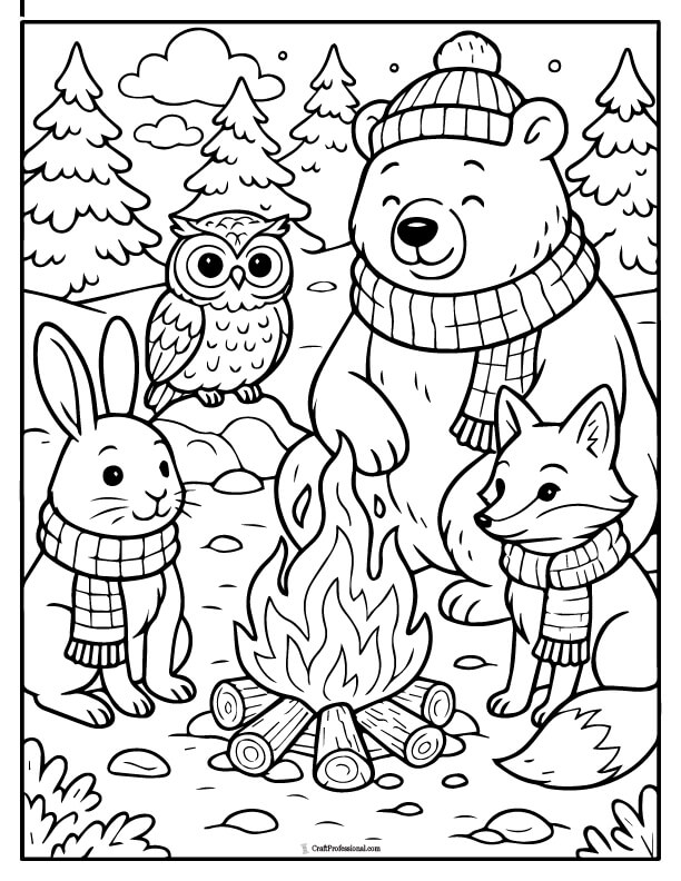 Group of winter animals around a campfire coloring page