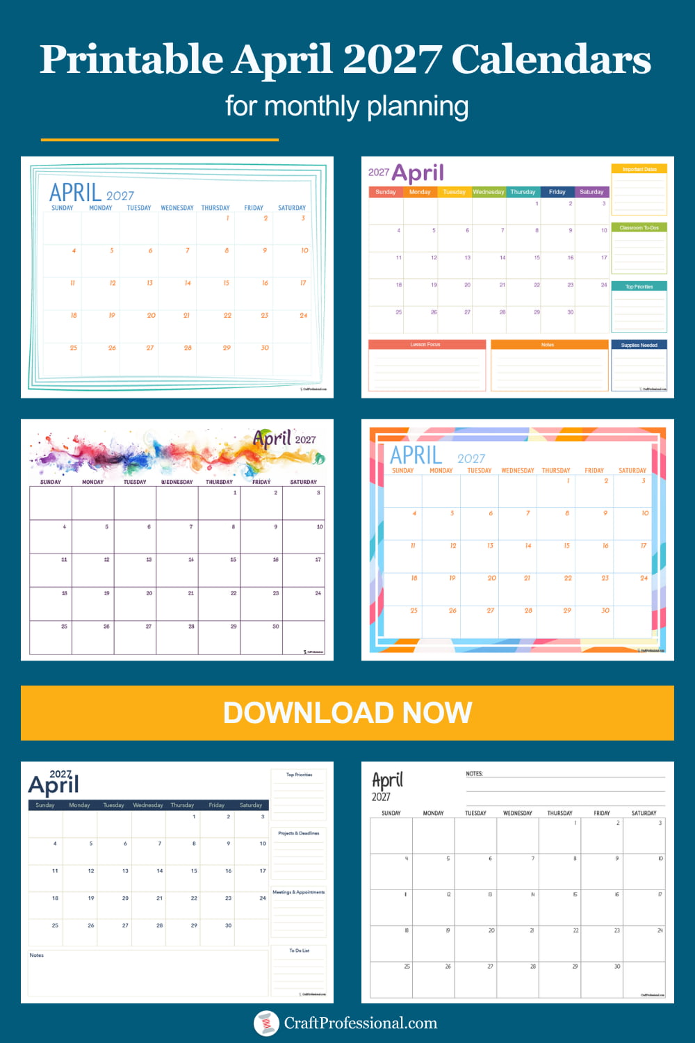 April calendar preview with the text "Free Printable April Calendars. Choose Your Favorite."