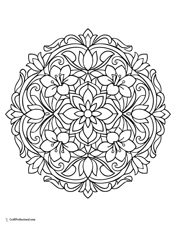 Art Nouveau floral mandala coloring page with elegant symmetrical design.