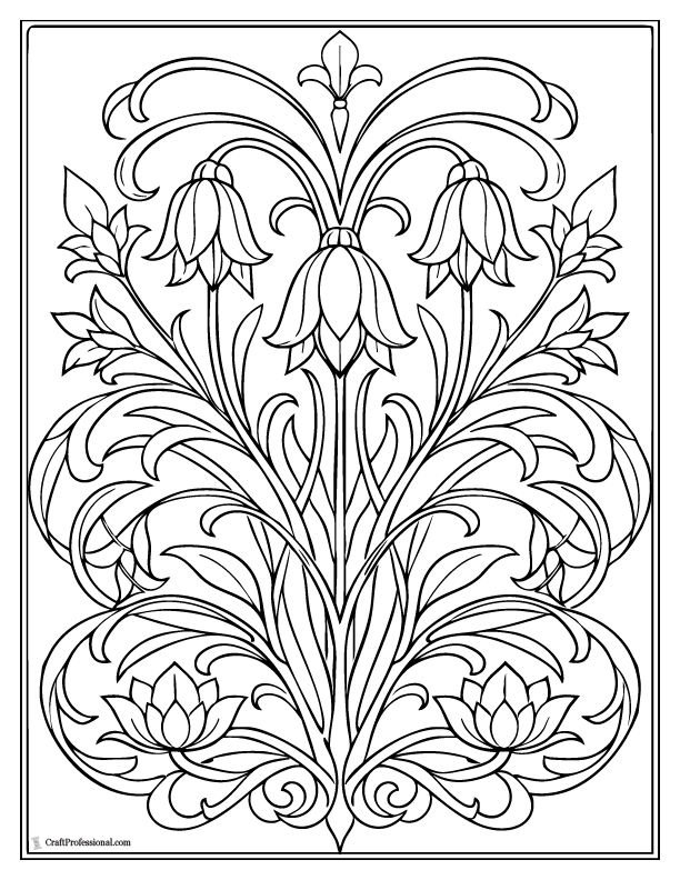 Art Nouveau floral coloring page with flowing lines and decorative flower patterns.