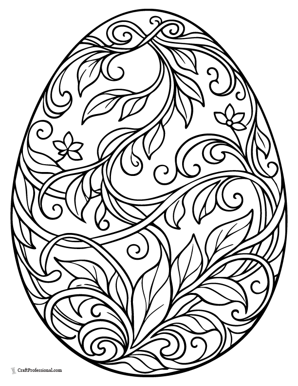 Easter egg coloring page with Art Nouveau vines and flowing leaves.