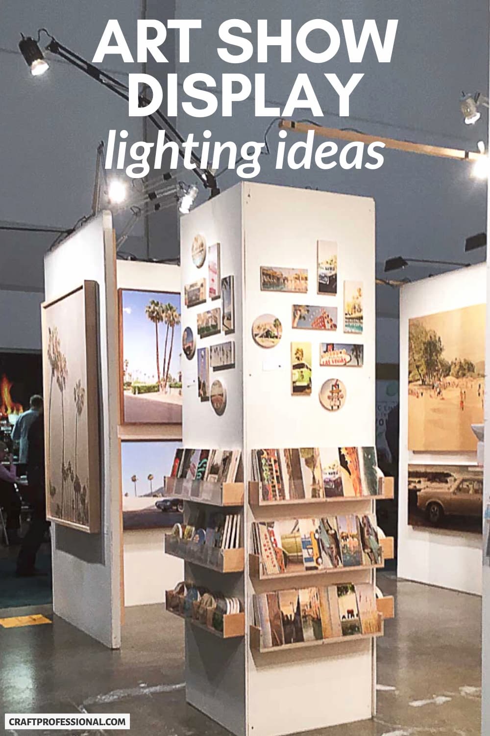 Art displayed in a craft show booth. 
text - art show display lighting ideas