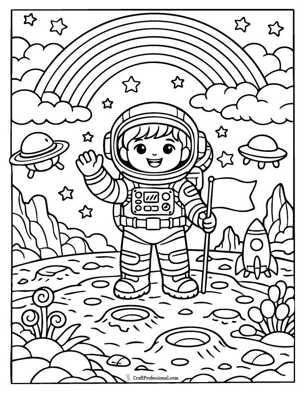 Child astronaut standing on a colorful planet with rainbow-striped terrain in a space-themed coloring page.