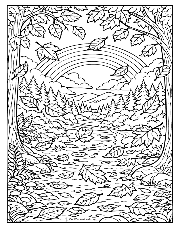 Autumn forest scene with falling leaves and a rainbow in the distance.