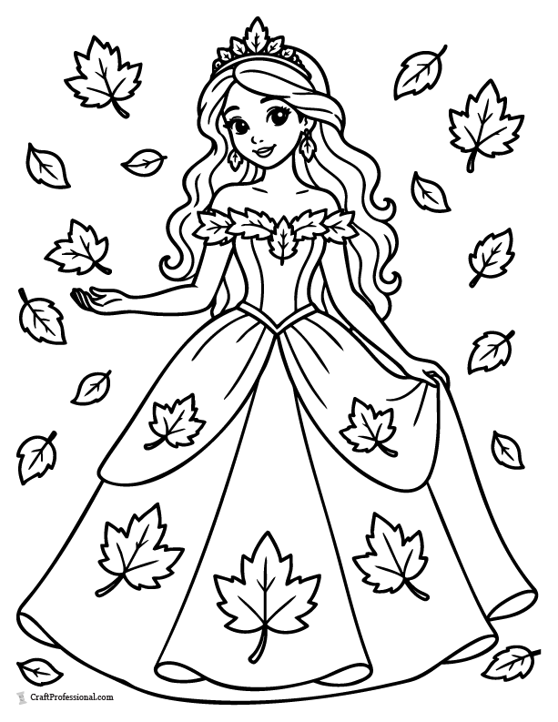 Autumn princess coloring page with falling leaves