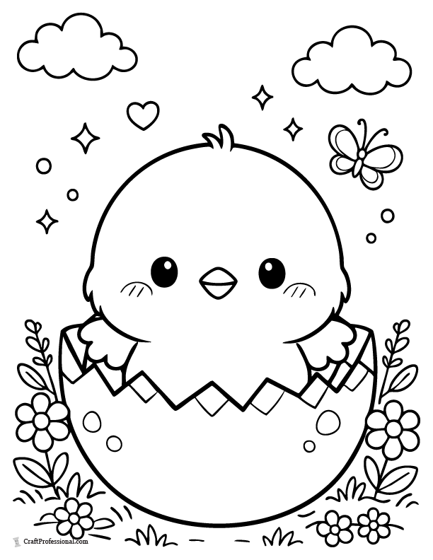 Large baby chick sitting in cracked eggshell Easter coloring page.