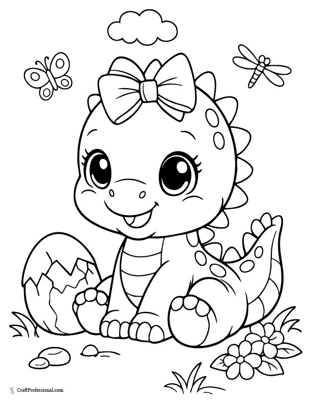 Baby dinosaur wearing a bow coloring page