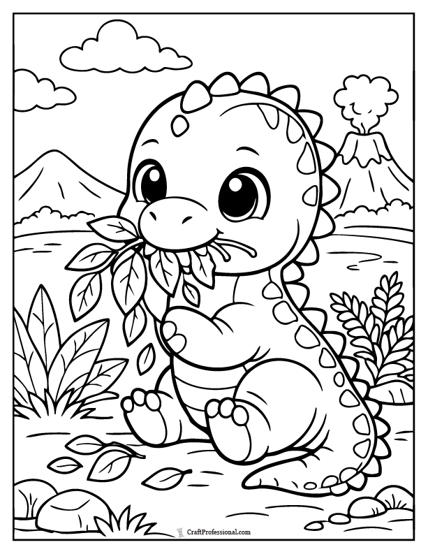 Baby dinosaur eating leaves coloring page