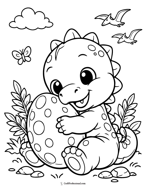 Baby dinosaur hugging an egg coloring page