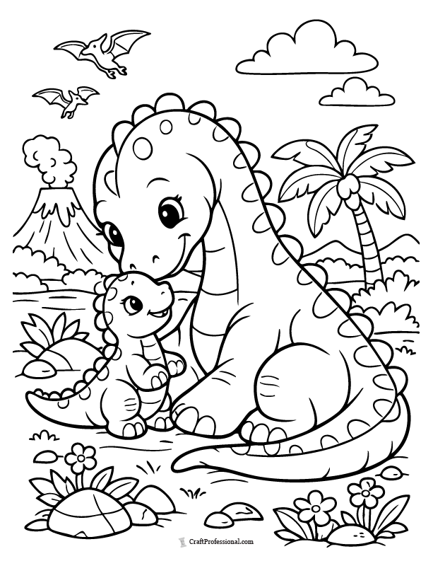 Baby dinosaur with mom coloring page