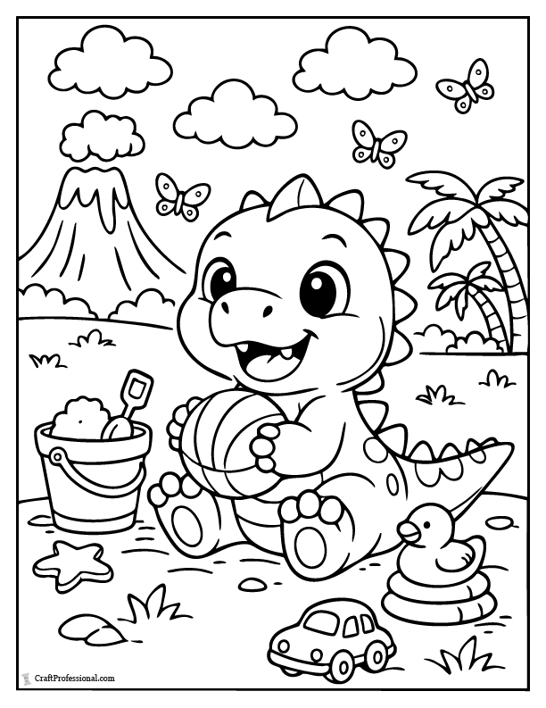 Baby dinosaur playing coloring page