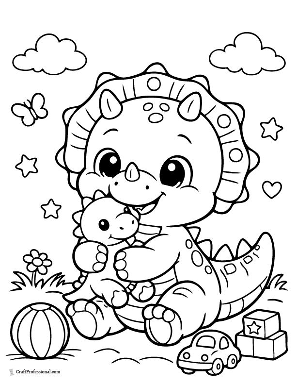 Baby dinosaur with toy coloring page