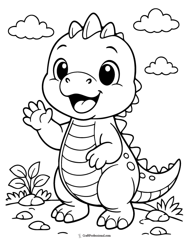 Baby dinosaur waving coloring page