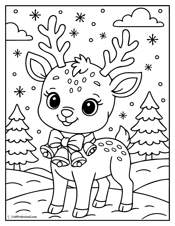 Cute baby reindeer with Christmas bells around its neck, coloring page.