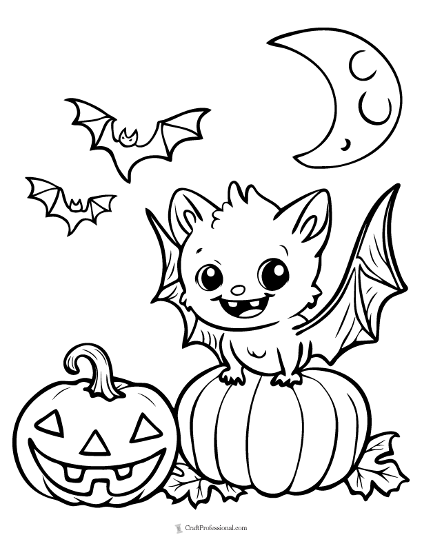 Coloring page with a cute bat sitting on a pumpkin