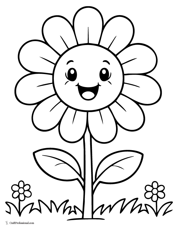 Big smiling daisy flower coloring page with thick petals and simple stem for kids.