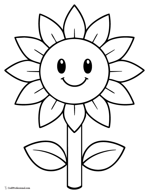 Big sunflower coloring page with bold triangular petals and large center for easy coloring.
