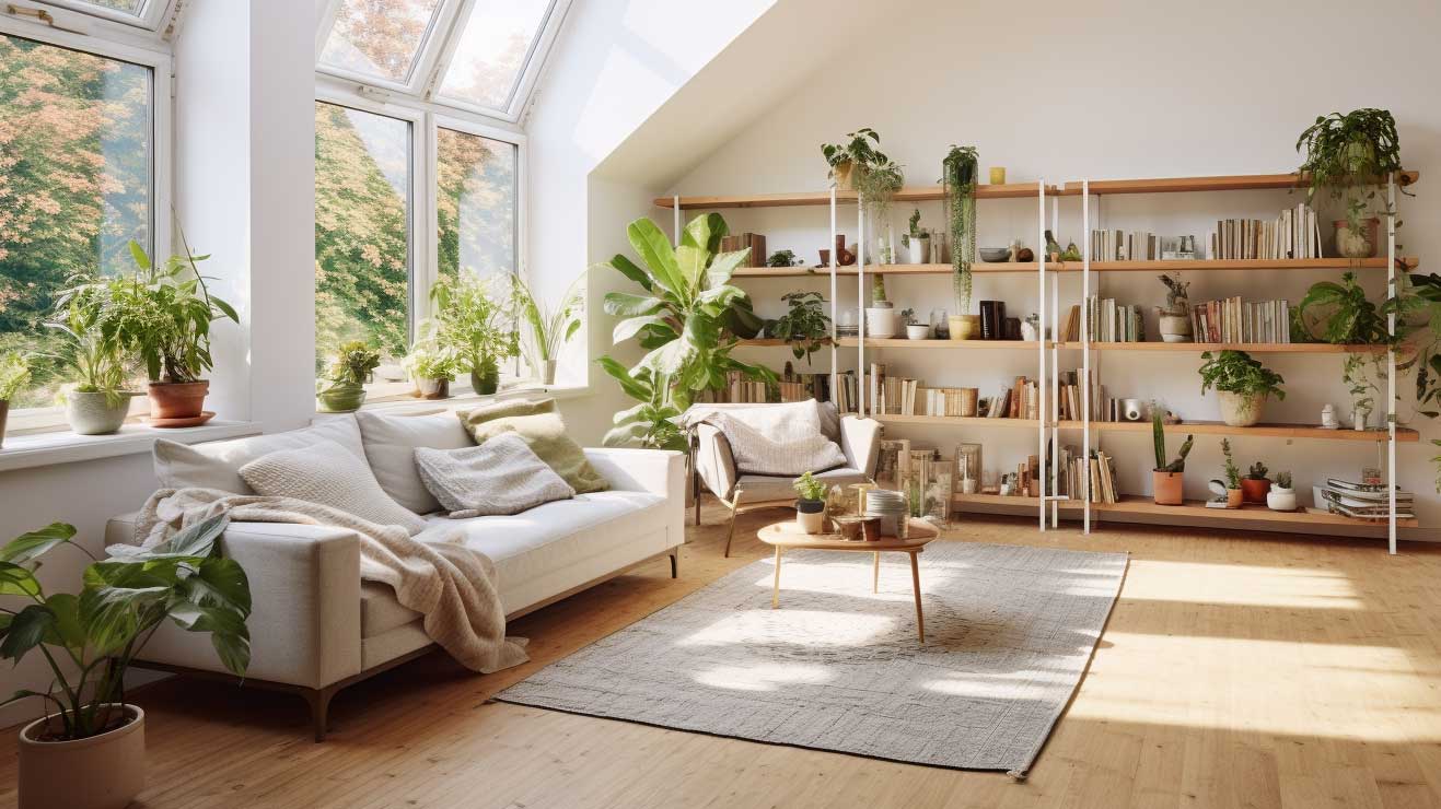 Light-filled living room, many plants, biophilic design style Light-filled living room, many plants, biophilic design style