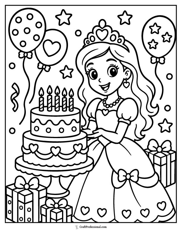 Birthday princess coloring page with cake