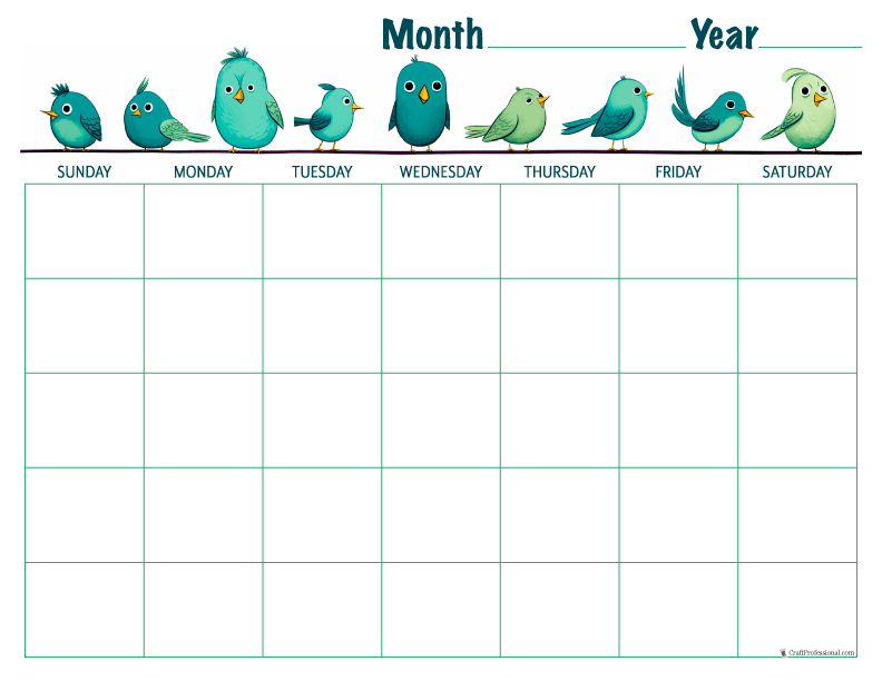 Blank monthly calendar, cute birds design
